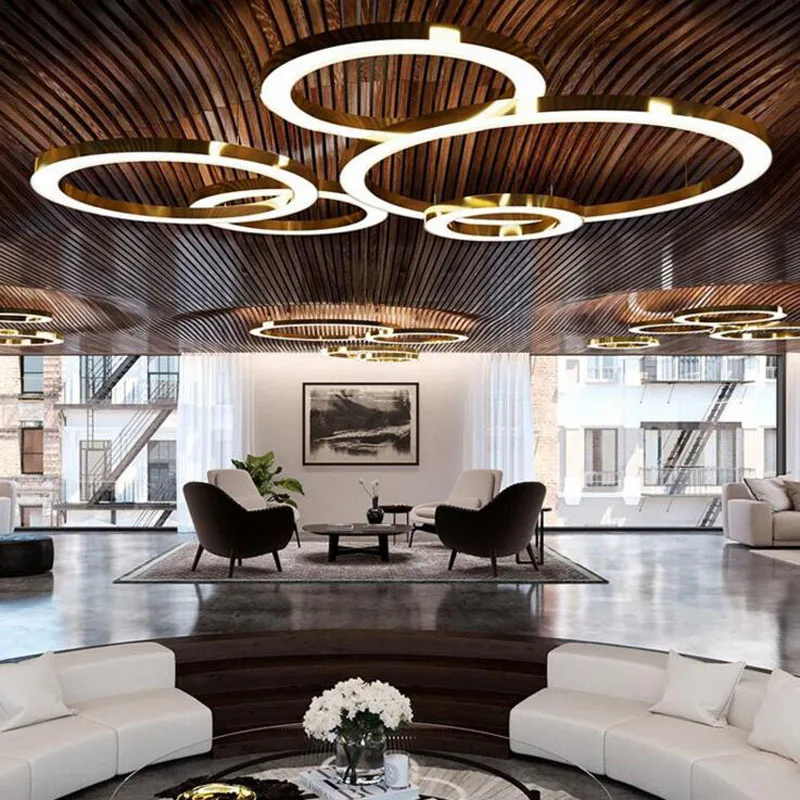 

LED round restaurant chandelier post modern minimalist atmosphere stainless steel ring lobby hotel engineering lamps led fixture