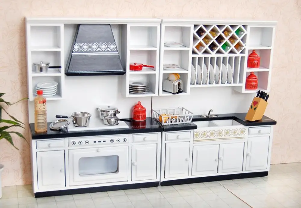 Casa de Bonecas em Miniatura Armários de Cozinha Conjunto Madeira Móveis Bacia Fogão Contador Wd025 1:12 13 Brinquedos de cozinha