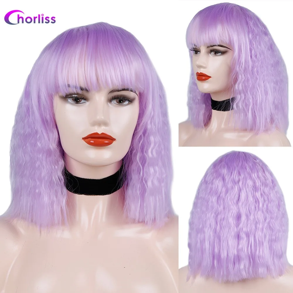 Chorliss Synthetic Wig Full Wigs Bangs Water Wave Short Women Wig Pink Blonde Gold Grey  (14)
