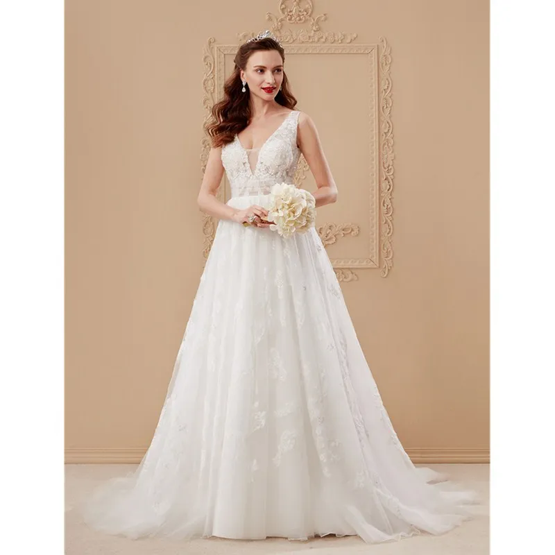 LAN TING BRIDE A Line Princess Plunging Neckline Sweep / Brush Train