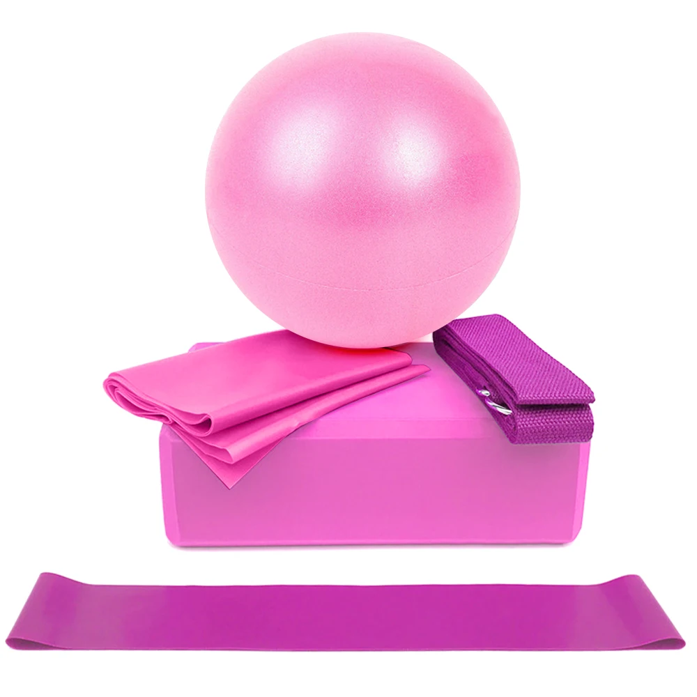 Комплект оборудования для занятий йогой с мячом 5p включает в себя блоки для йоги, йоги, растягивающийся ремень, сопротивление, петля, группа для упражнений, Бодибилдинг - Цвет: Розовый