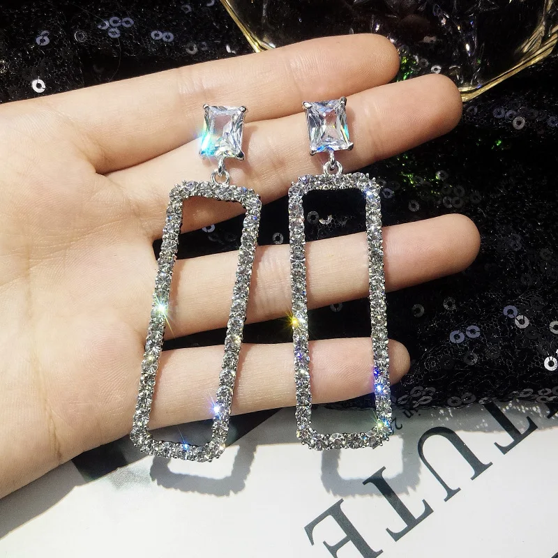 

Korean 2019 New Fashion Rhinestone Rectangle Long Earrings Temperament Personality Women Exaggerated Jewelry Cubic Zirconia Gift