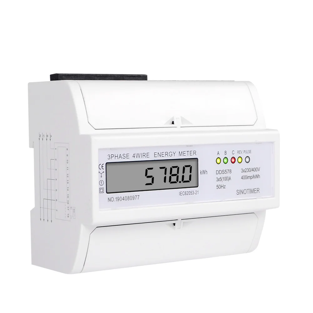 DDS578 New Model 3*5(100)A 50Hz 230V Energy Meter Three Phase 7P DIN Rail LCD Digital Electric Power Consumption Meter