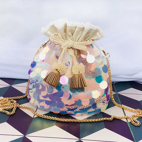 LilyHood женская летняя сумка-мешок с блестками женская модная повседневная Пляжная блестящая маленькая милая сумка на плечо с цепочкой - Цвет: Бежевый