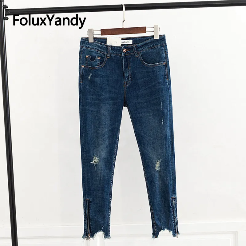 

Zippers Jeans Fashion Denim Ripped Jeans Plus Size Slim Skinny Pencil Pants Hole Casual Trousers Blue KKFY3219