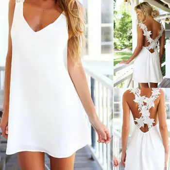 

Hot Womens Sexy Short Mini Dress Casual Lace Sleeveless Bodycon Backless White SolidBeach Summer Evening Party Holiday Sundress