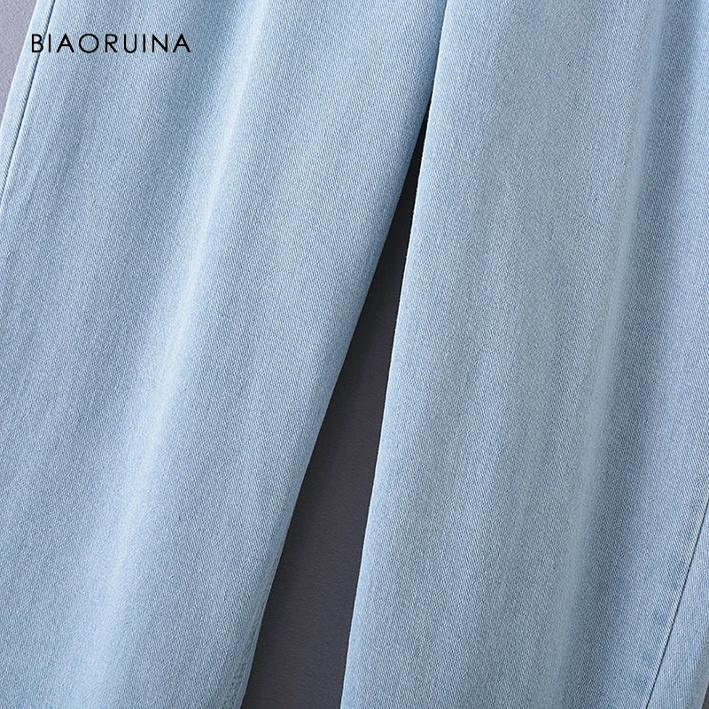 BIAORUINA, женские синие джинсовые штаны, женские эластичные штаны с высокой талией, модные брюки с двумя пуговицами, карманами на молнии, повседневные брюки, подходящие для любого размера