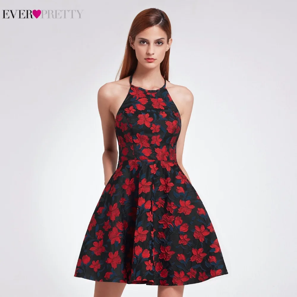 

2018 New Sexy Halter Neck Fit Homecoming Dresses Ever Pretty EP05945 Short A Line Women's Retro Floral Print Flare Party Dresses