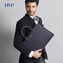 BVP High Quality Men Genuine Leather Business Briefcase Hand woven belt High-grade Reticule Cow Leather Solid 14 Laptop Bag J40