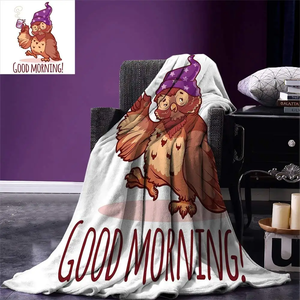 Funny Throw Blanket Woken Owl in the Nightcap with A Cup of Coffee Good Morning Typography Humor Warm Microfiber | Дом и сад