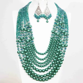 

Vintage malachite green round shell simulated-pearl abacus crystal 7 rows necklace earrings for women ceremony jewelry set B1303