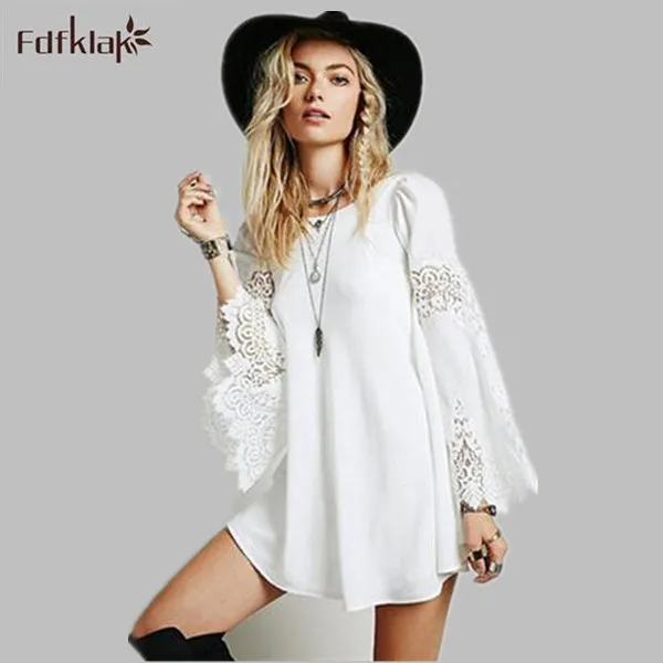 

Hot sale 2018 new sexy lace summer dress women long sleeve loose casual dress ladies spring clothes vestidos black/white Q913