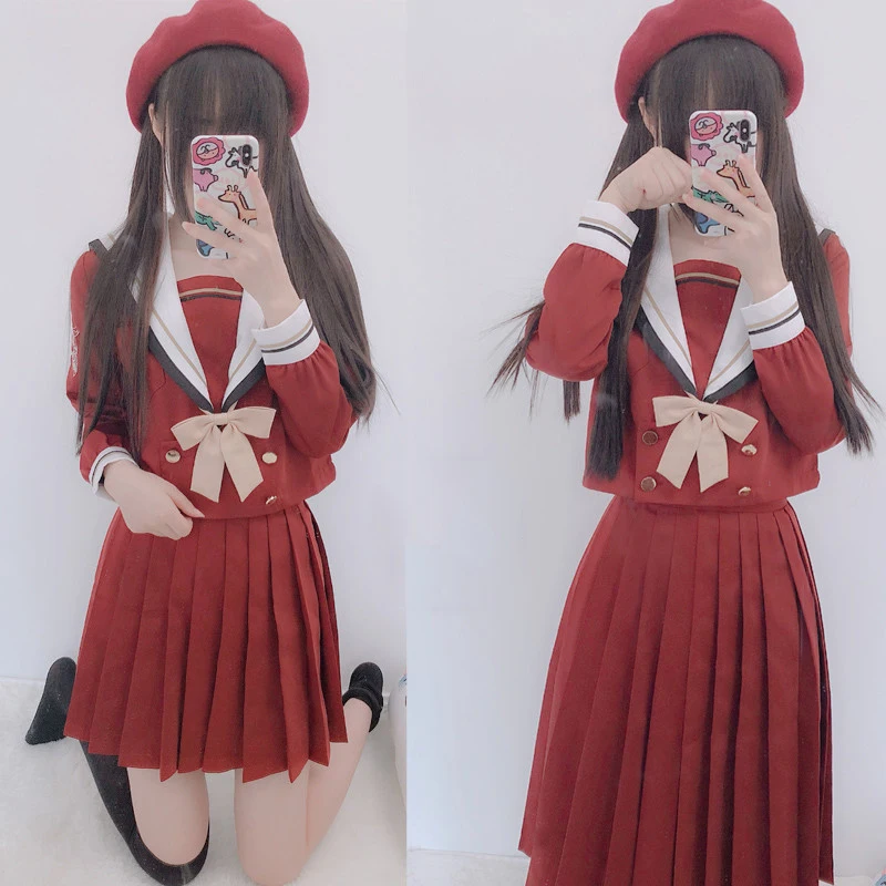 

UPHYD Anime Cosplay School Uniform Autumn Winter Sailor Suits S-XL School Girls Cheerleader Uniforms Top+Skirt+Tie
