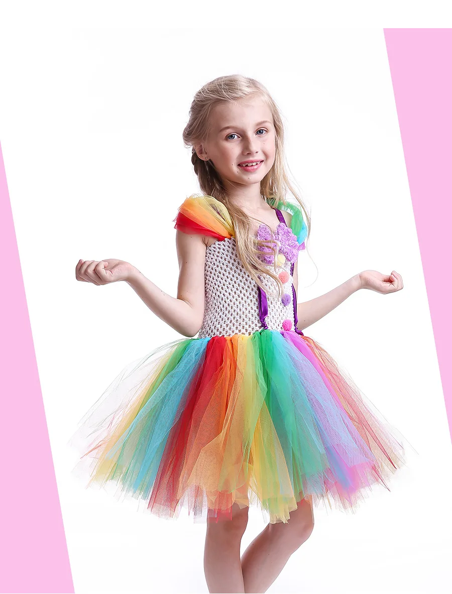Girls Clown Rainbow Inspired Handmade Tutu Dress Colored Pom Poms Kids Party Dress for Birthday Outfit or Halloween Costume (2)