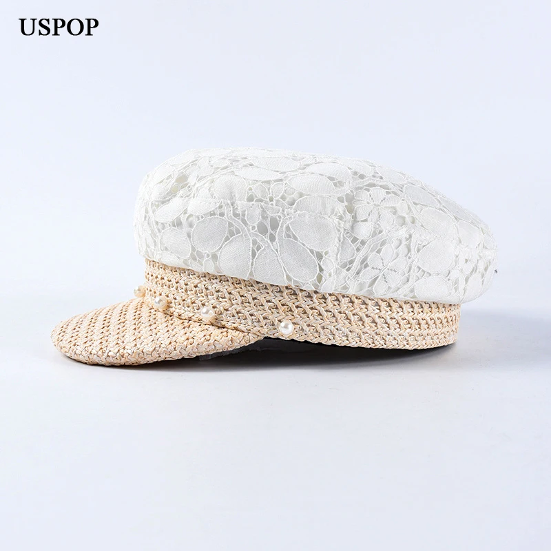 

USPOP 2019 New women spring caps female lace straw patchwork newsboy cap flat top straw visor caps breathable octagonal hat