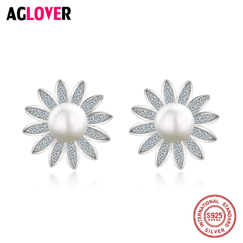 

100% 925 Sterling Silver Fashion Shiny Crystal Pearl Flower Ladies Stud Earrings Women Wedding Jewelry Female Best Gift