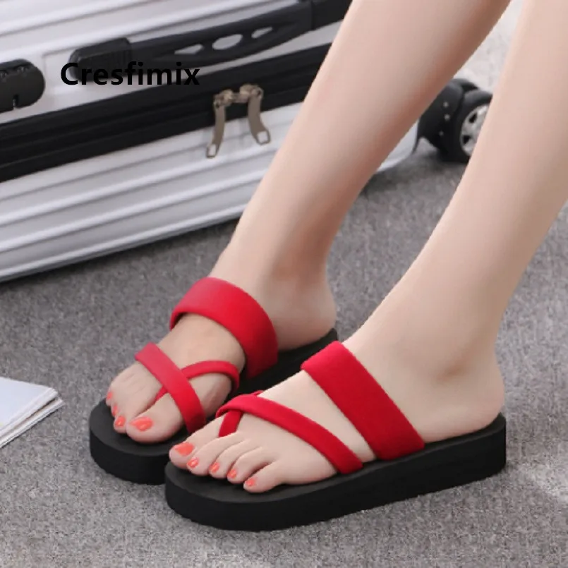 

Cresfimix women cute light weight pvc height increased flip flops lady fashion beach black summer flip flops chanclas a5475