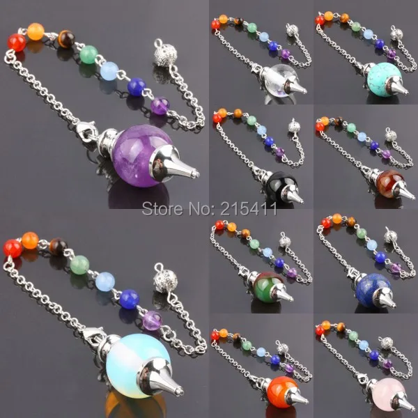 

1Pc Healing Dowsing Reiki Quartz Agate Opal Gem Stone Pendulum + 7 Chakra Stone Chain