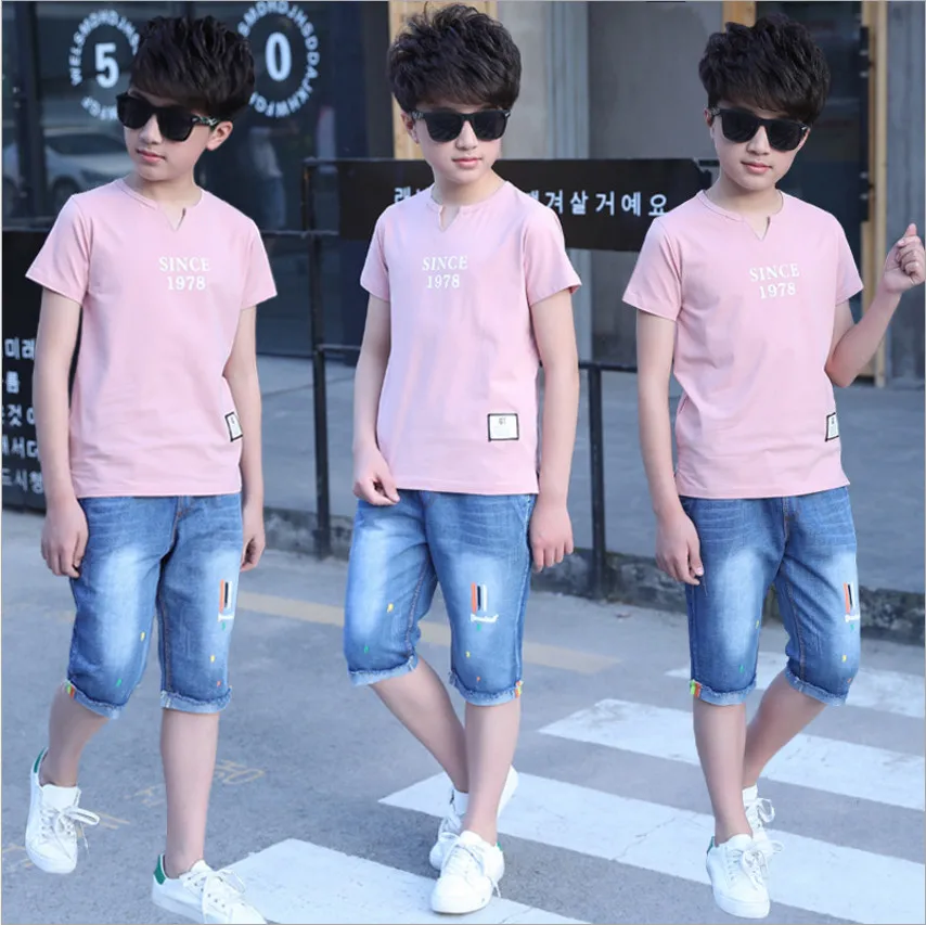 От 5 до 14 лет Одежда для мальчиков спортивный костюм, комплект г. Летняя модная повседневная детская одежда с короткими рукавами, комплект из футболки и джинсов - Цвет: A style peach