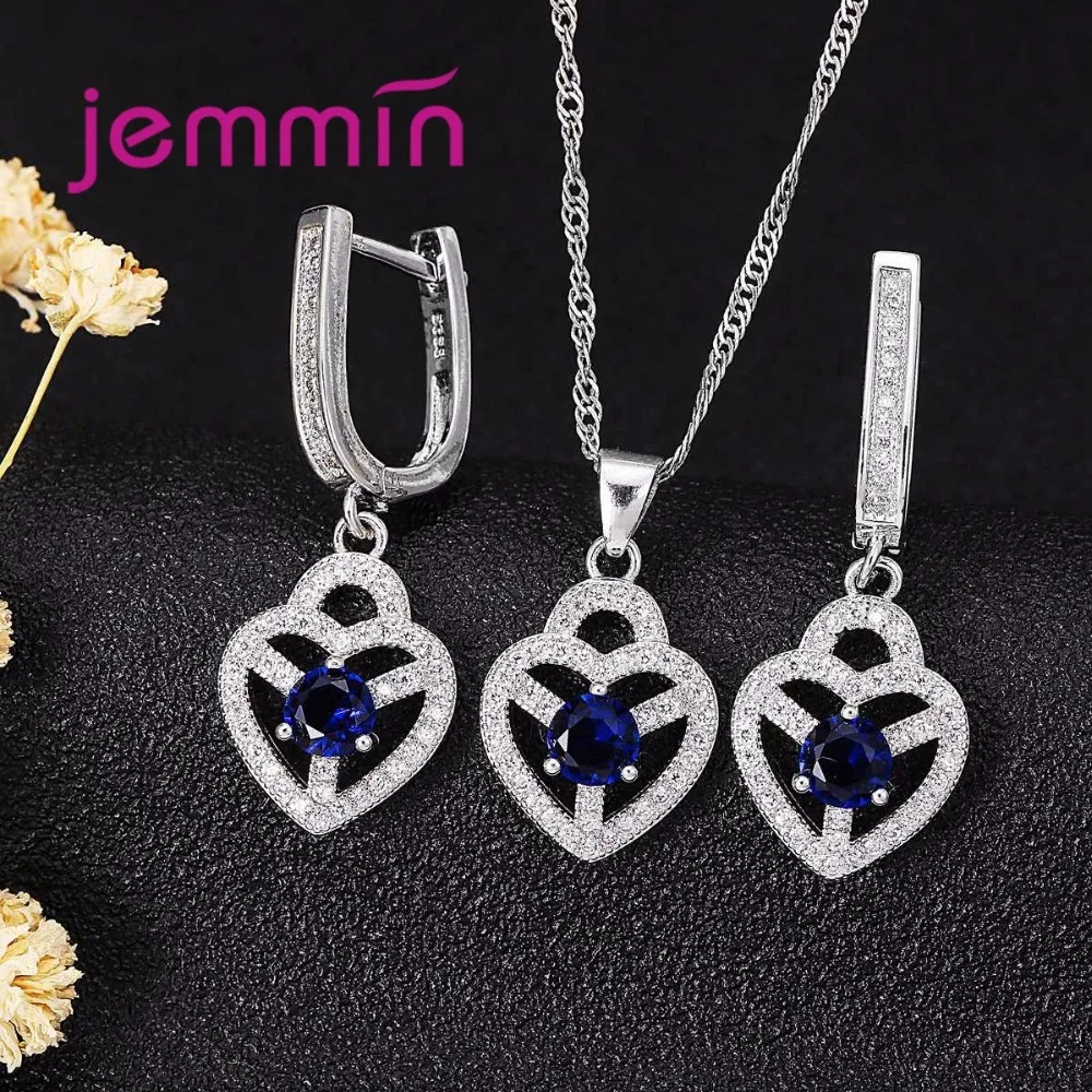 Jemmin Jewelry Sets For Brides Women Blue Crystal Sapphire Stone Pendant Wedding 925 Sterling Silver Color Earrings + Necklace - Image 2