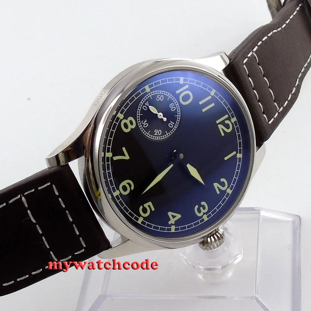 

44mm parnis black dial 6497 movement leather strap hand winding mens watch P361