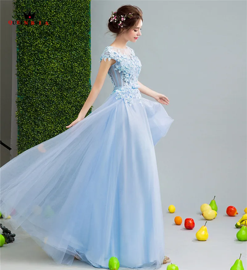 Королевские Свадебные Вечерние платья трапециевидной формы, тюлевые кружевные цветы, Элегантные Синие Длинные вечерние платья, вечернее платье, vestido de festa JW16