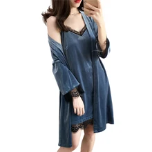 Новинка зимы для женщин пикантные кружево халат комплект элегантный женский бархат 2 шт. пижамы кимоно платье повседневное Ночная рубашк