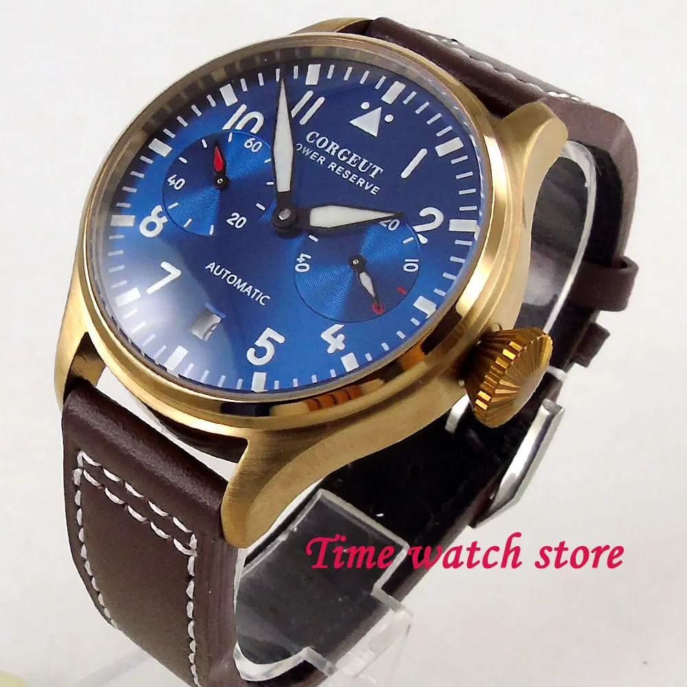 

42mm Corgeut mechanical auto wrist watch men waterproof leather gold Bronze coated power reserve blue dial luminous date 123