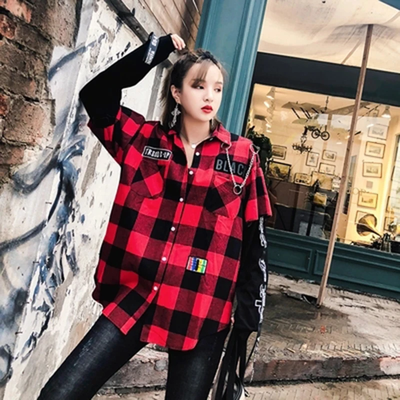 Red And Black Plaid Patchwork Shirt Men  (34)