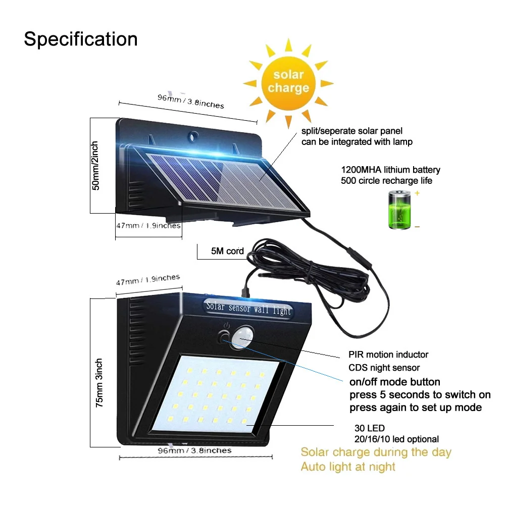 30 светодиодный 500lm Солнечный свет раздельный монтаж pIR motion 3 senser светодиодный фонарь с питанием от солнечной панели для сада Mo IP Новый 2018 ar wall