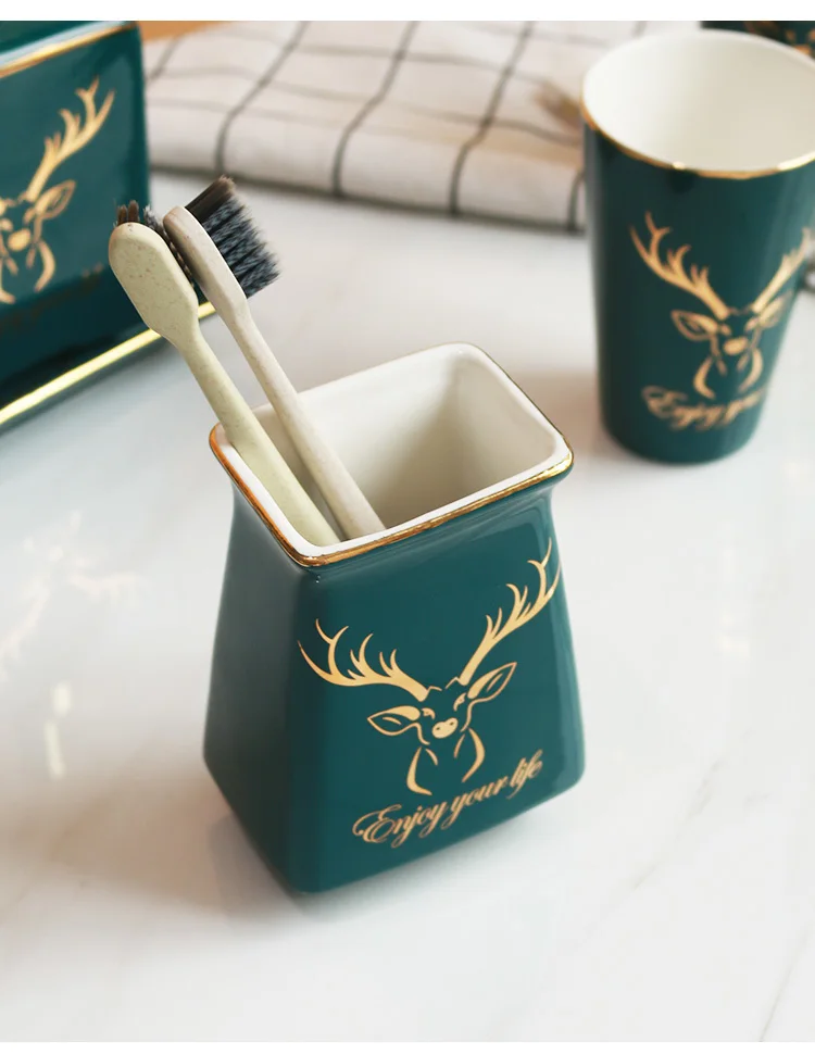 Европейский керамический набор для умывания ванной, набор для умывания ванной из пяти предметов, зеленая кружка, золотой стакан для зубной щетки, керамический поднос