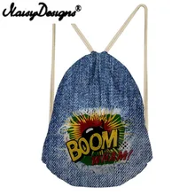 NOISYDESIGNS 3D Blue Denim Pocket Printing Drawstring Backpack man s Portable Bags word Storage Pouch for