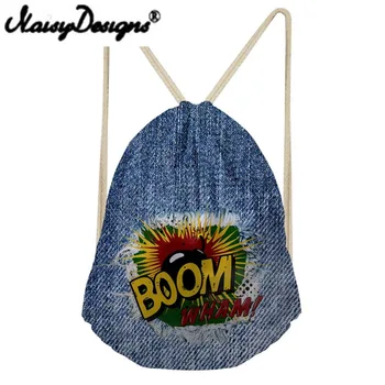 

NOISYDESIGNS 3D Blue Denim Pocket Printing Drawstring Backpack man's Portable Bags word Storage Pouch for women Unisex Mochila