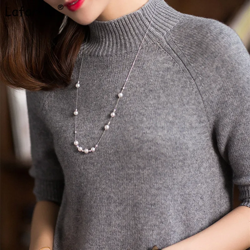 Lafarvie New Slim Knitted Sweater Women Pullover Half-sleeved Turtleneck Solid Color Cashmere Sweater Knitting Bottoming Shirt