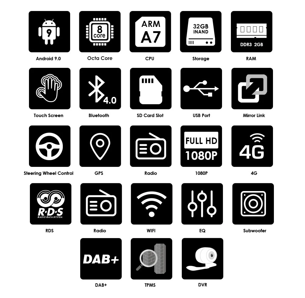 Excellent 4G 2din android 9.0 car radio auto Bluetooth 8Core 2+32 multimedia player universal GPS Navigation 1024*600 swc dab tpms dvr map 1