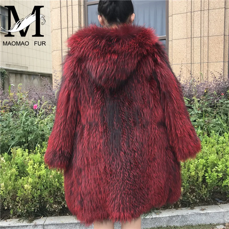 Ladies Real Fur Coat Women Hooded Knitted Natural Fur Coat Winter Knitted Long Silver Fox Fur Overcoat