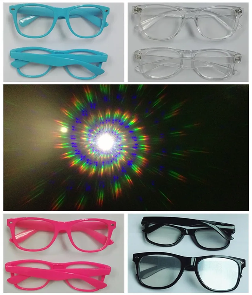 10pcs Packs Spiral Plastic Laser Diffraction Refraction Glasses–3D Rave Prism Grating Glasses Rainbow Firework Spirals