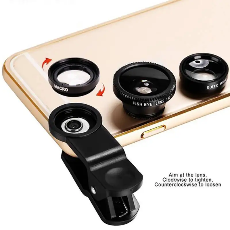 

3in1 Clip-on Mobile Phone Camera Lens Kit 180 Degree Fisheye Lens + Wide Angle 0.67X Macro Universal External Lens for Cellphone