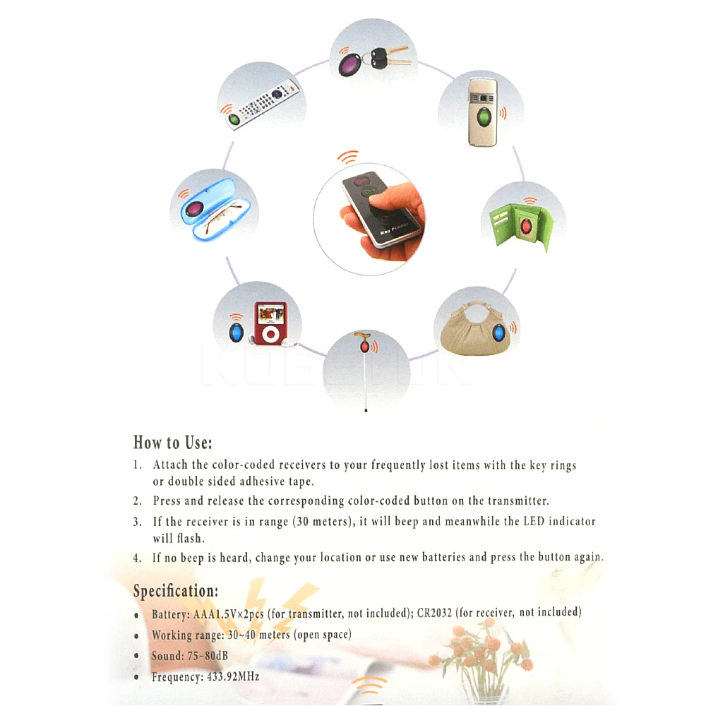 Key Finder Key Chain Locator 1 to 4 Wireless Key Finder Remote Key Locator 4 receivers 1 dock station Alarm Systems Security Home with Led Flashlight