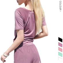 В ассортименте имеются 5 расцветок женские сетки шить свободные yoga одежда дышащий Быстросохнущий Спортивная футболка с короткими рукавами для фитнеса спортивный топ yoga Топ для занятий йогой тренажерный зал yoga Топ