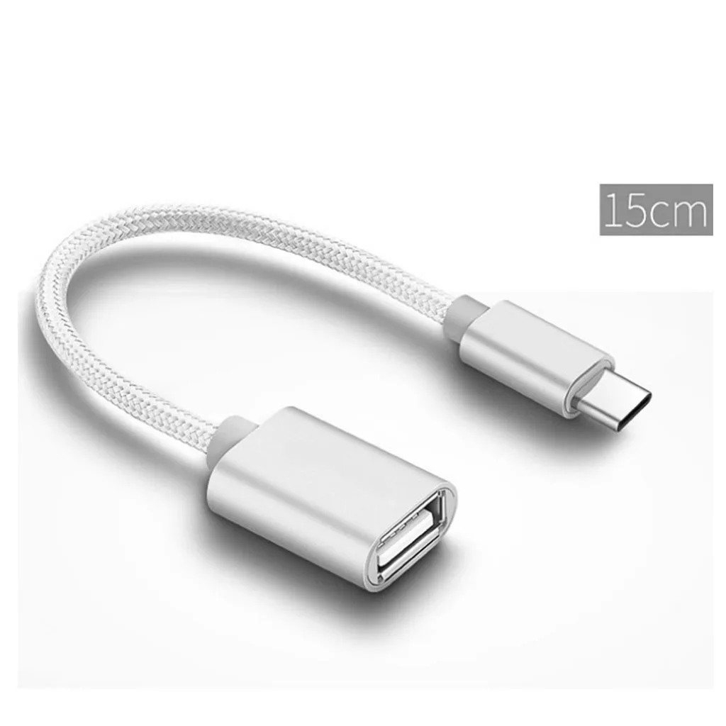 Nylon Braided Type-C Male to USB 2.0 Type-A Female Adapter OTG Host Cable Charger Data Sync Cord 15cm