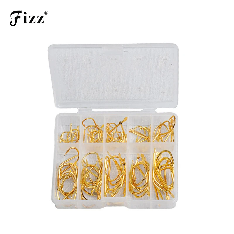 

100Pcs/Box High Carbon Steel Golden Fishing Hooks 2#-12# Stainless Sharp Barbed Fishhook+Plastic Box Fishing Accessories