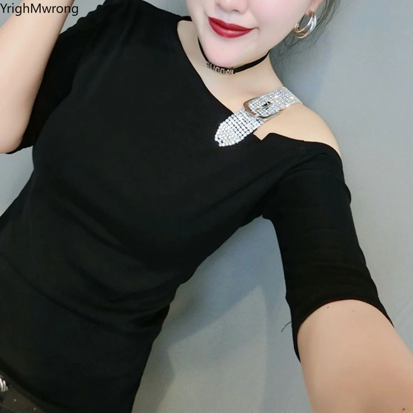 

Summer Cut One Off Shoulder Beading Rhinestone Diamonds Drilling Belt Strap Slim T Shirt Tee T-Shirt Top Women Sexy Party Plus