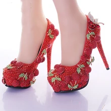 2016 Wedding Prom Party Shoes Red Rhinestone Cherry Design Ladies Customized High Heel Bridal Shoes Shining Banquet Dress Shoes