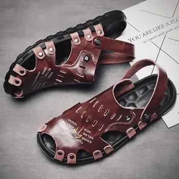 

2019 Men fashion Sandals Summer Leather Cowhide Beach Sandals Male Toe Outdoor Men's Casual Shoes