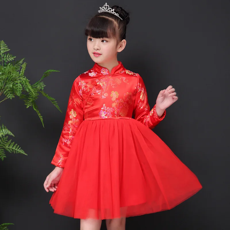 

Children Qipao Dress Chinese Red National Tang Style New Year Dresses Party Wedding Fleece Tulle Dress Size110-160 Girl Costume