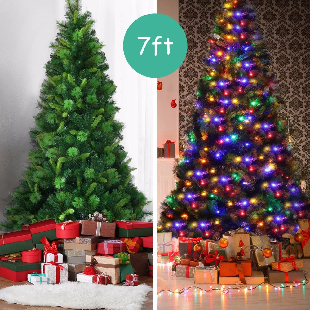 Goplus 7Ft Pre Lit PVC Artificial Christmas Tree Hinged w/Multicolor