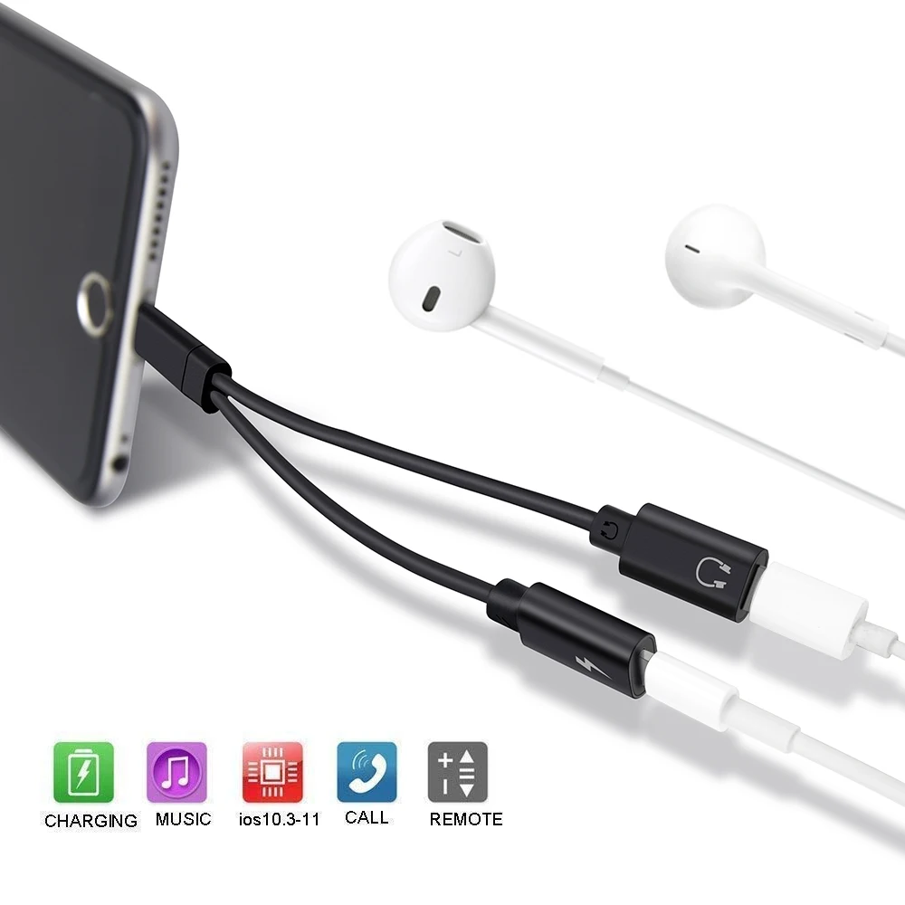 

PORTEFEUILLE 2 in 1 Dual Jack Adapter Audio Charging Splitter Cable for Iphone 8 7 6 Plus X XS Max XR For iOS Earphone Converter