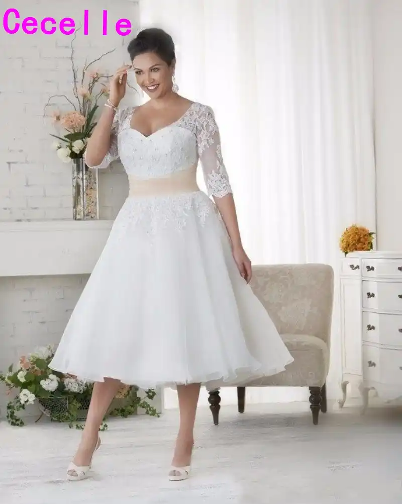Short Vintage Tea Length Plus Size Modest Wedding Dresses With 3 4