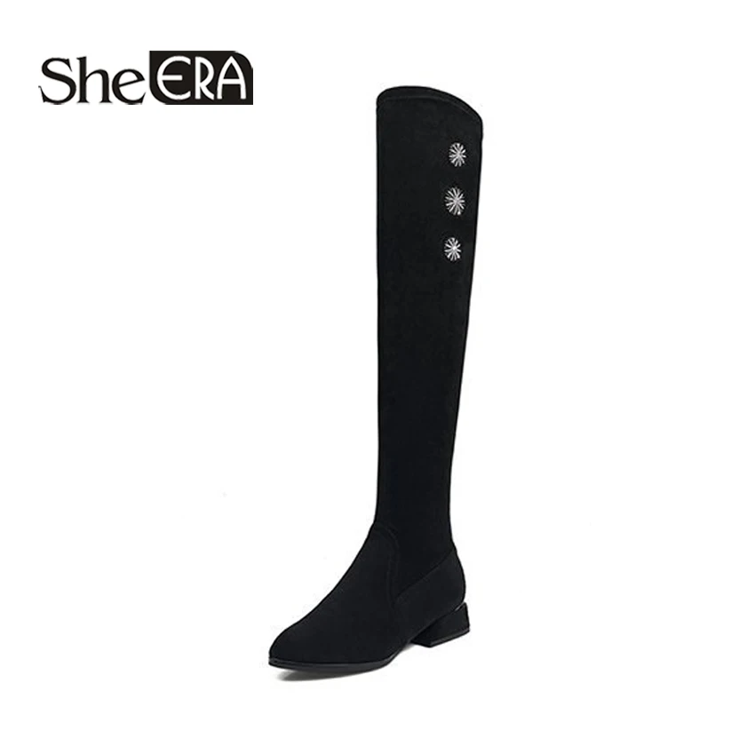 

New Fashion Women Boots Black Women Over the Knee Boots Flock Slip-On Long Boots Classic Women Shoes She ERA